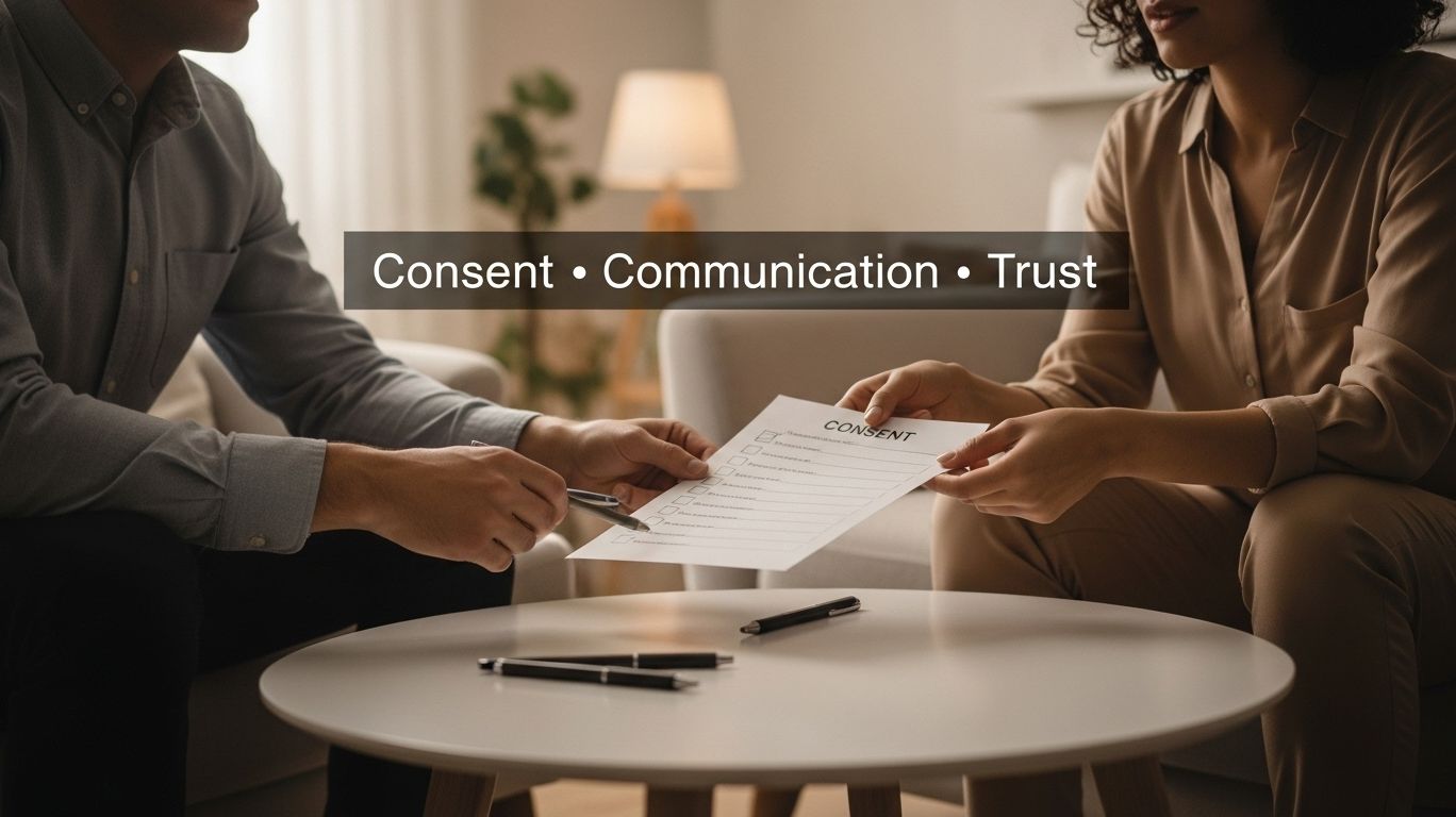 Two adults discussing boundaries and consent using a written checklist, symbolizing the cnc sexual meaning of communication, trust, and mutual agreement.