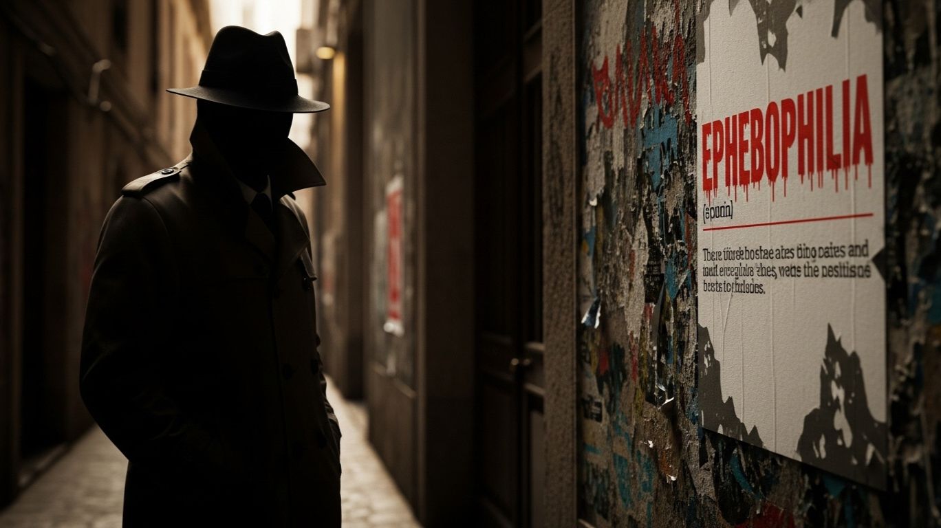 Silhouette of an adult standing in a dim alleyway near a weathered wall displaying a poster with the word ephebophilia, symbolizing the serious social and legal discussions around the term.