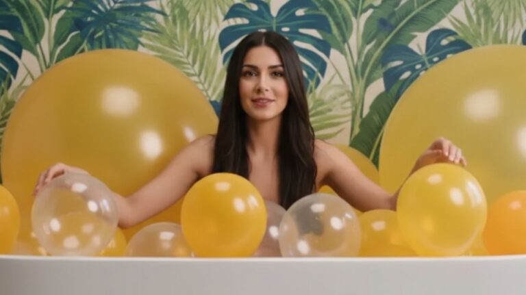 Model posing in a modern bath filled with yellow and clear balloons against tropical leaf wallpaper, styled for a nude generator concept photo shoot in warm natural lighting
