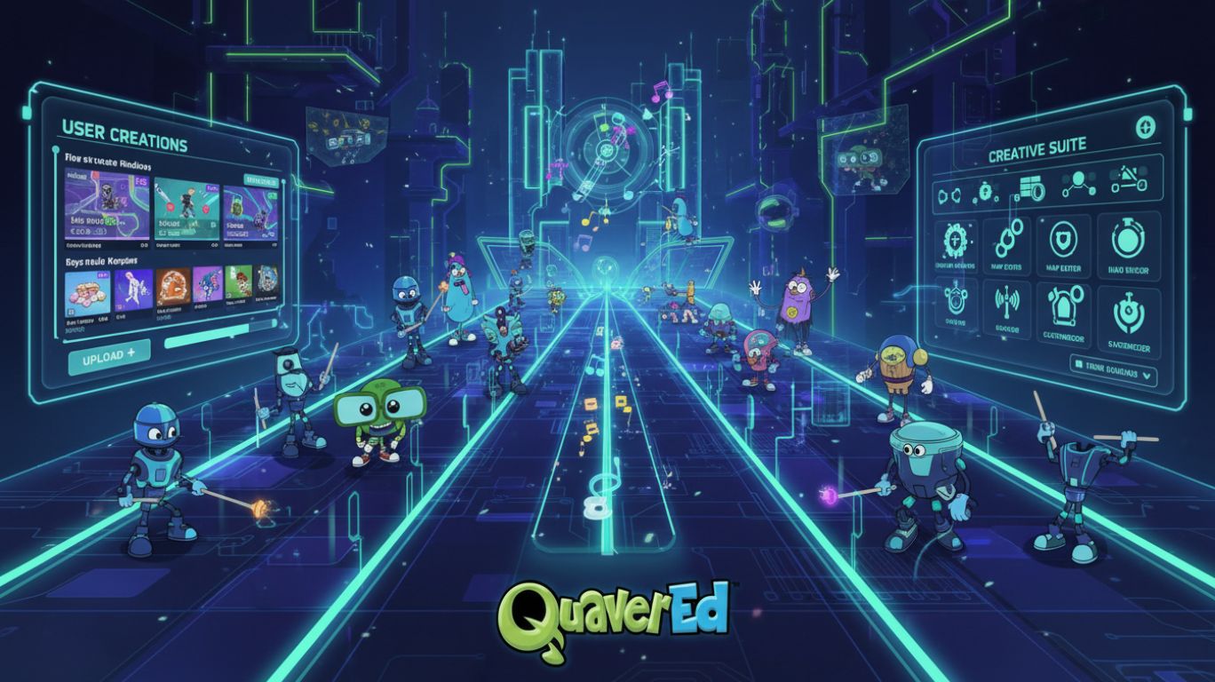 Futuristic interface showing players creating and competing with rhythm-based user-generated content, illustrating the quavered community ecosystem and collaborative growth.