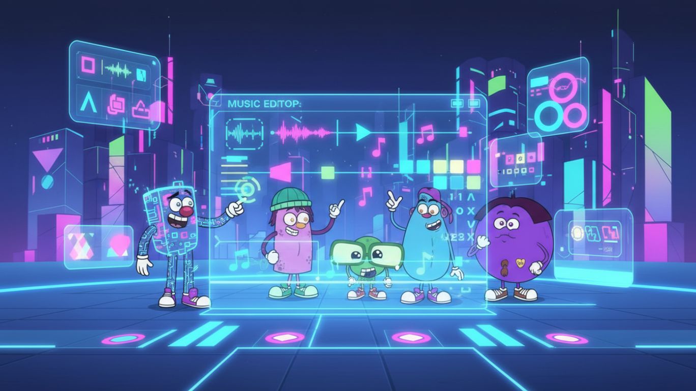 Screenshot-style illustration of users collaboratively designing beatmaps in a futuristic editor interface, showing visual skins, audio cues, and shared assets customization — representing a quavered user-generated content ecosystem in a vibrant gaming community.