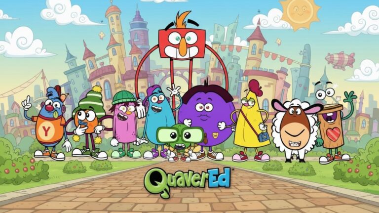 Colorful animated group of playful cartoon characters standing together in a whimsical city background, representing the fun and creative learning style of the QuaverEd quavered educational platform.