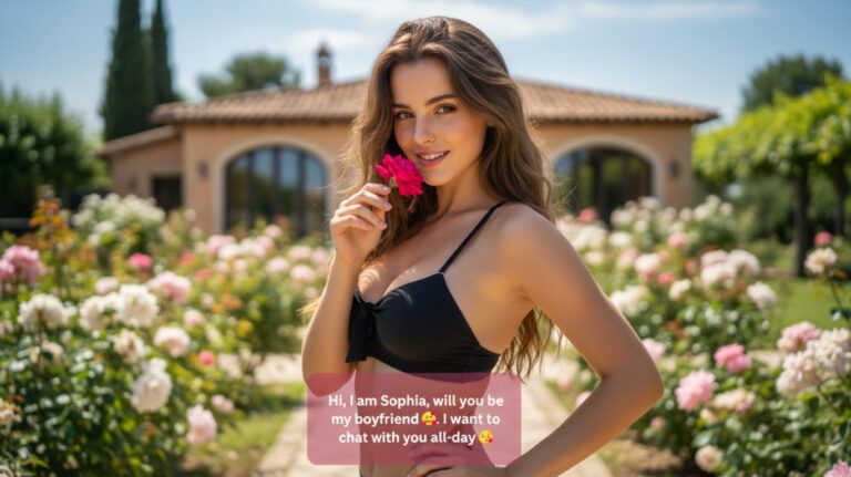 A person in a black bra top holding a pink flower featuring sexy chat ai