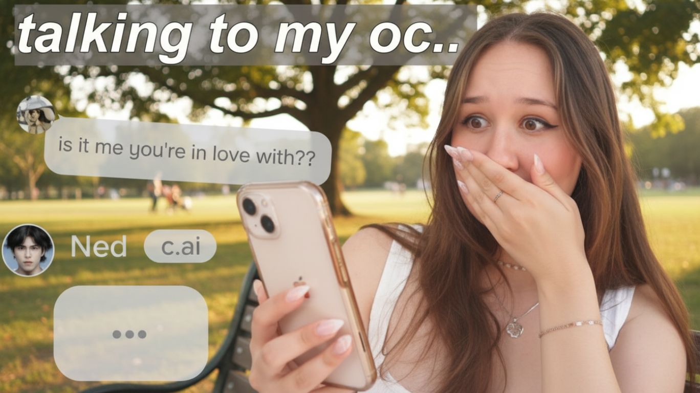 Woman sitting on a park bench looking surprised while texting on her phone, with chat messages from an AI character overlaid on screen, illustrating the concept of talk to AI characters in real-time conversations.