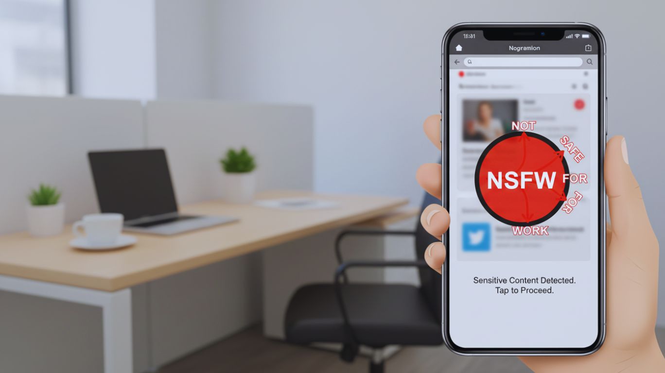 Illustration of NSFW warning on a computer screen in an office setting, explaining what is NSFW mean and signaling content not safe for work or public viewing.