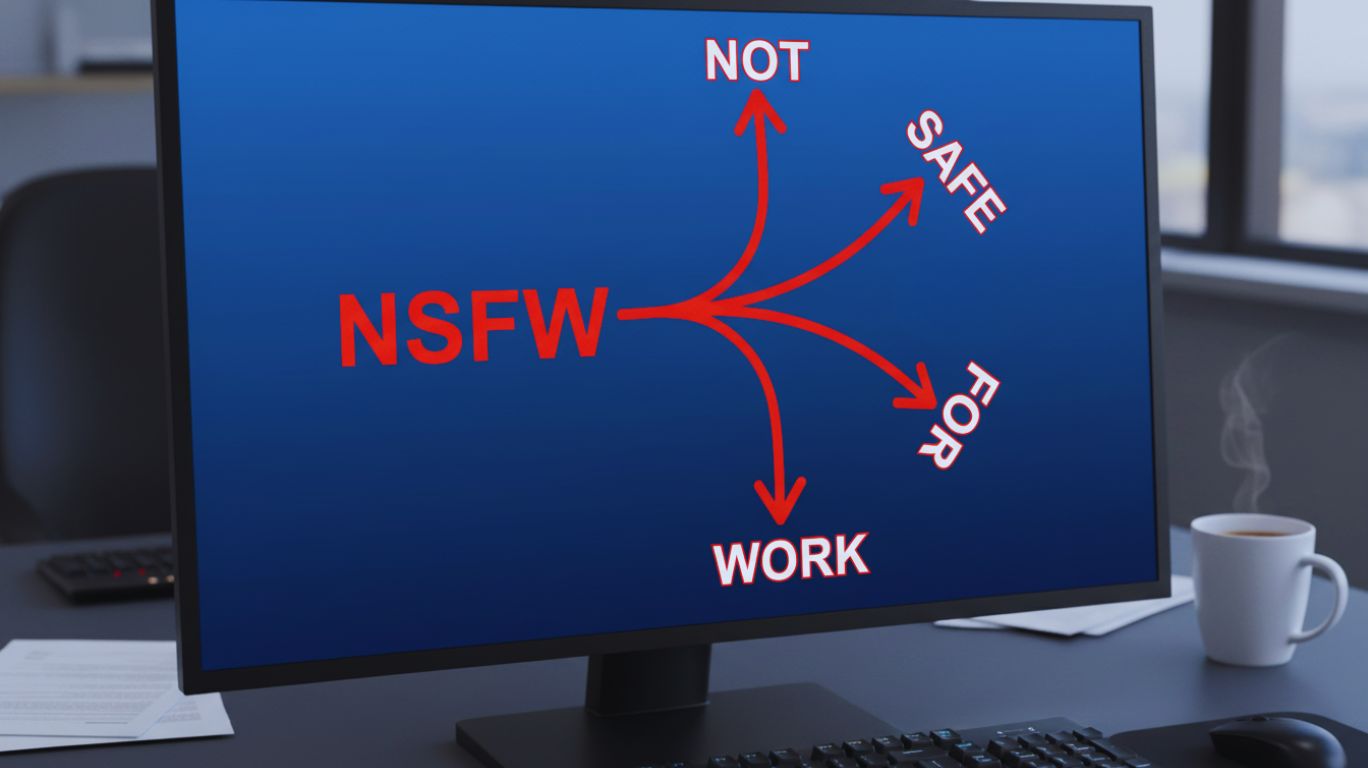Digital warning sign on computer screen displaying NSFW meaning ‘Not Safe for Work’ in an office environment, highlighting content inappropriate for workplace or public viewing.
