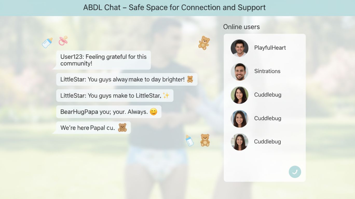 Illustration of a welcoming ABDL chatroom where adults connect, share stories, and find support in a safe, inclusive, and understanding digital community with pastel colors and subtle ABDL-themed icons.