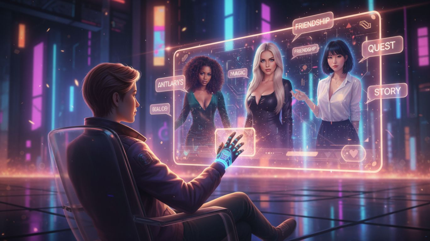 Futuristic digital scene with holographic characters and a user engaging in ai chat roleplay, representing creativity, connection, and imaginative storytelling.