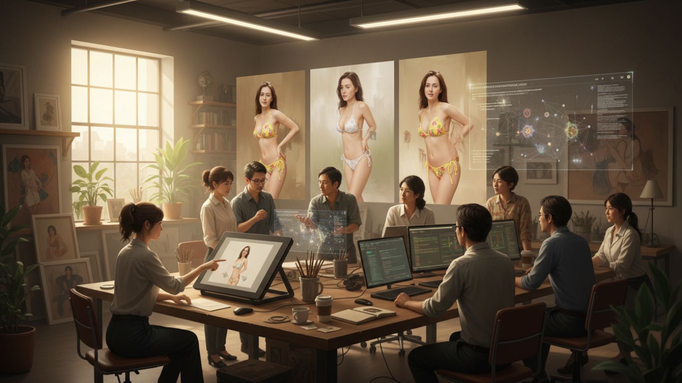 AI generated nude artwork created responsibly in a collaborative studio, showcasing artists and AI working together ethically, emphasizing creativity and community.
