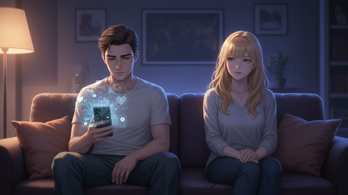 Visual representation of ai sext and romantic AI chatbots, showing how digital intimacy influences trust, emotional boundaries, and modern relationship dynamics.