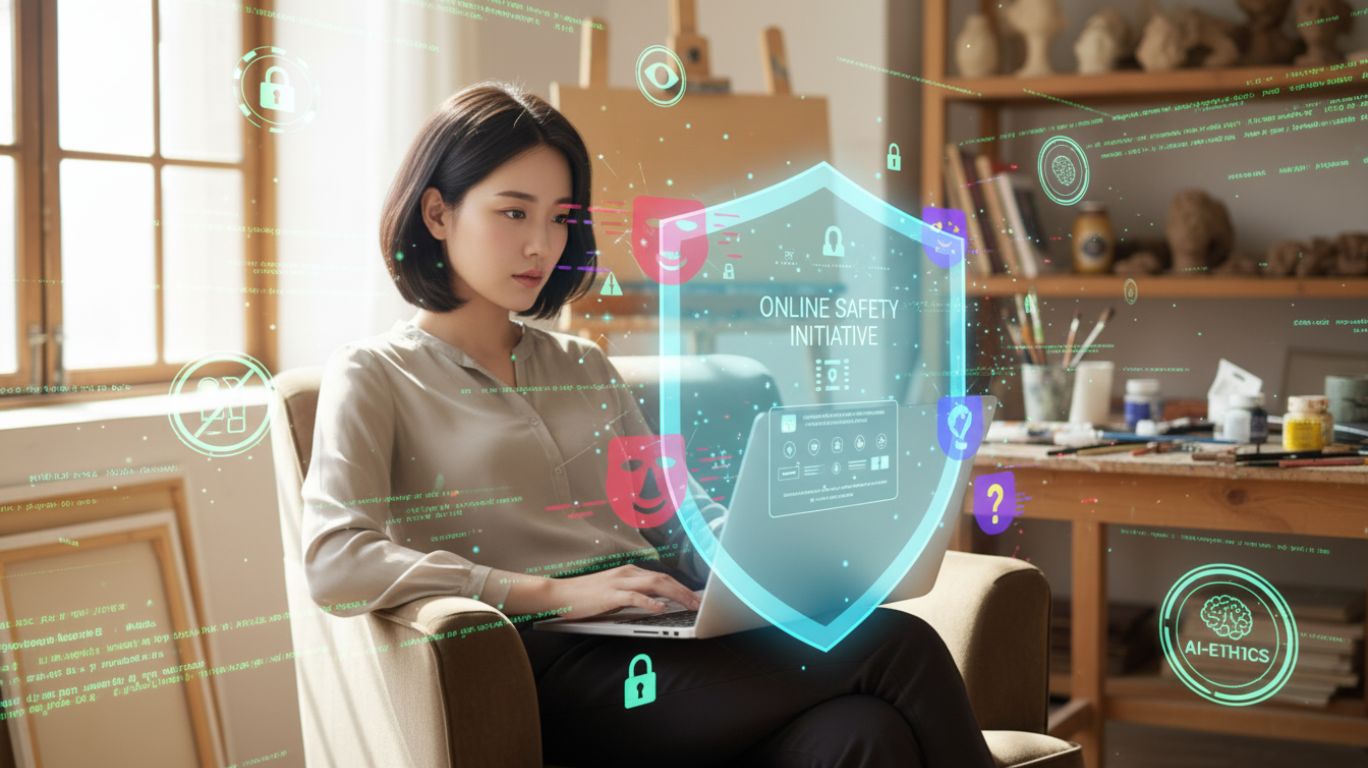 Educational illustration about protecting yourself online from illegal AI teen nude generated exploitation content, highlighting digital safety, AI risks, and personal privacy protection.