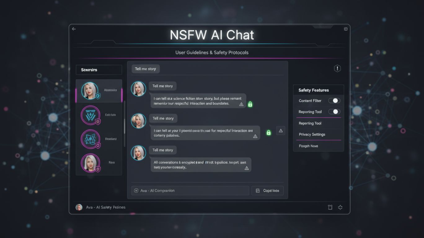 Illustration of responsible NSFW AI chats usage, showing secure and safe AI chatbot interactions with guidelines and multiple AI character avatars on a modern digital platform.