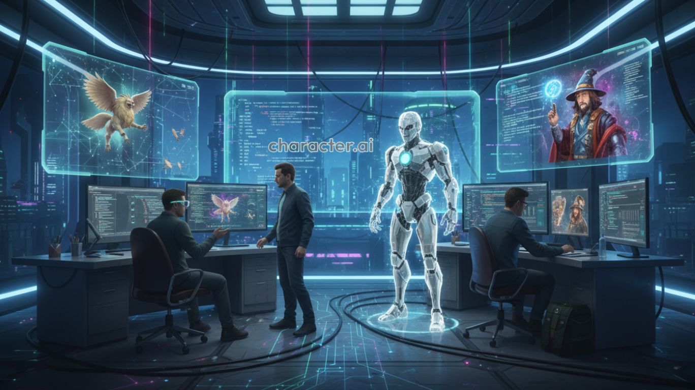 Futuristic digital illustration of AI characters coming to life in a creative workspace, demonstrating how characters AI transform creative projects for artists, writers, and developers