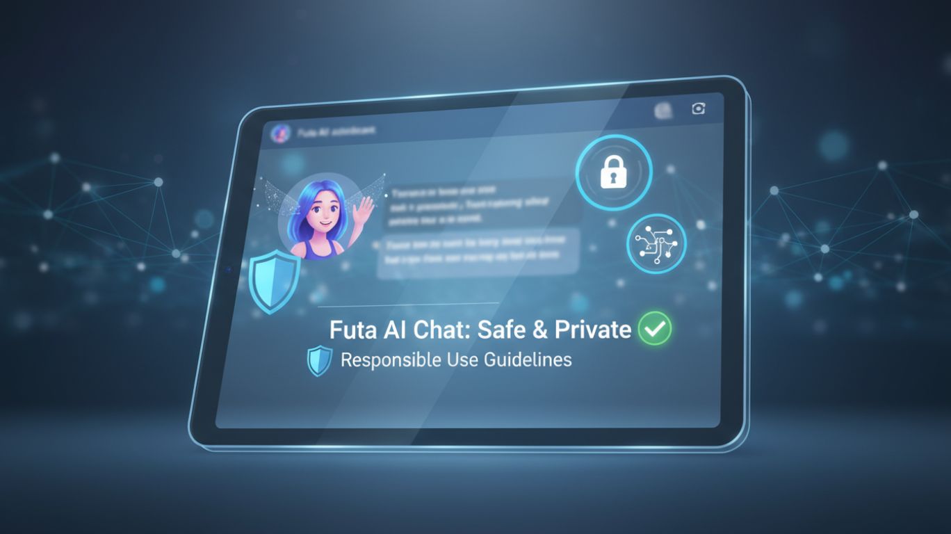 Visual guide highlighting tips for a safe and enjoyable experience using futa AI platforms, focusing on privacy, responsible interaction, and secure AI chatbot usage.