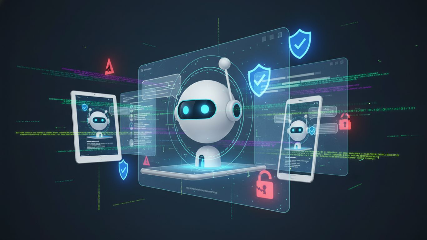 Illustration of a generative chat bot AI highlighting its limitations, safety, and privacy concerns, showing AI interacting with users and security icons