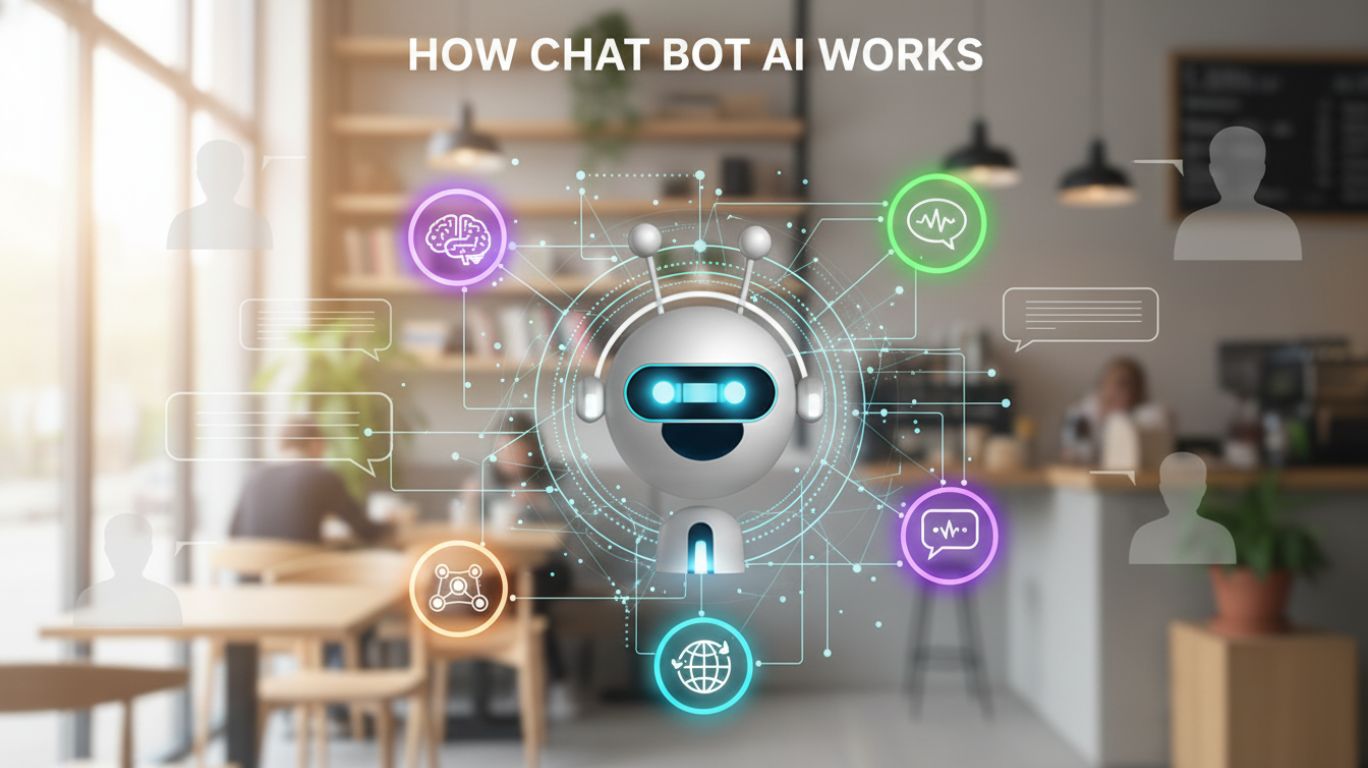 Illustration showing how chat bot AI works, featuring a digital AI assistant interacting with users, highlighting AI technology and communication concepts
