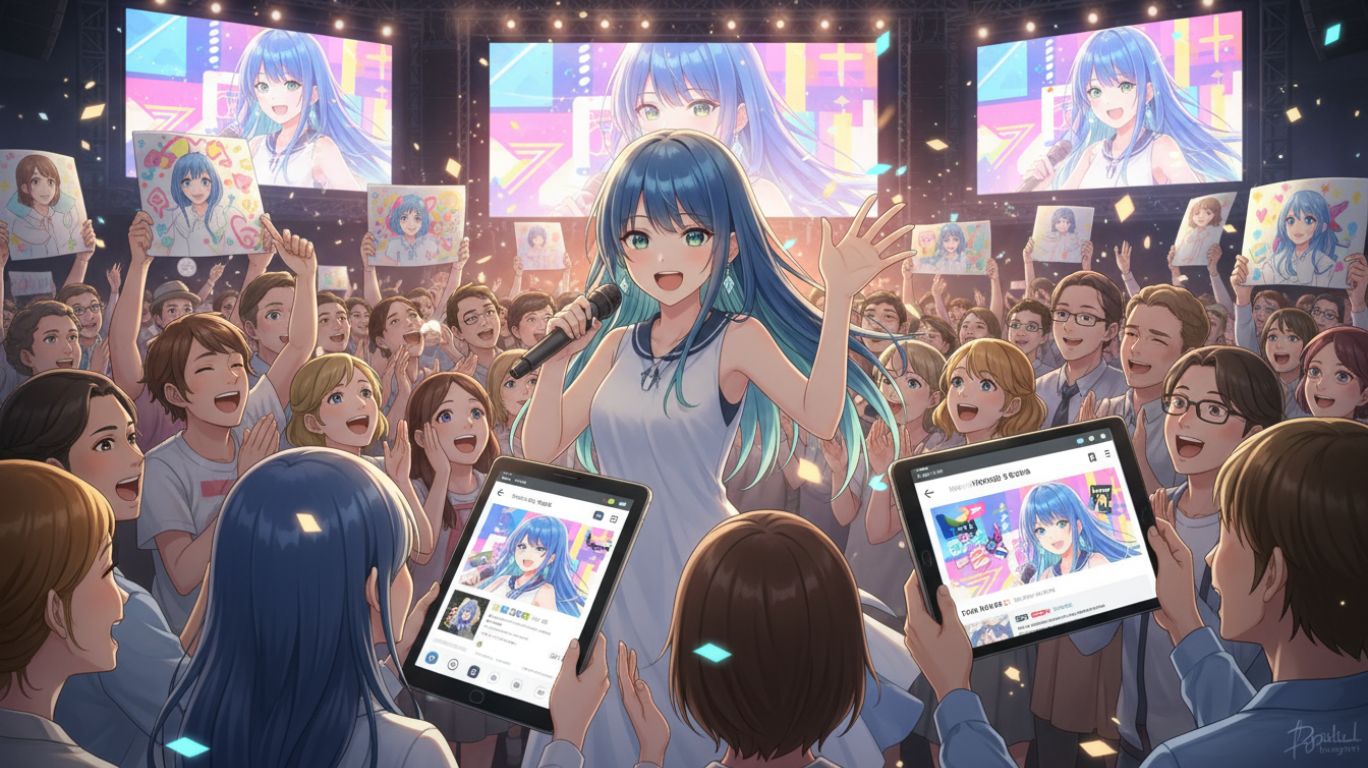 Ichika surrounded by fans showcasing artwork, stories, and digital creations, celebrating her influence and inspiring a vibrant community — ichicka fan reception illustration