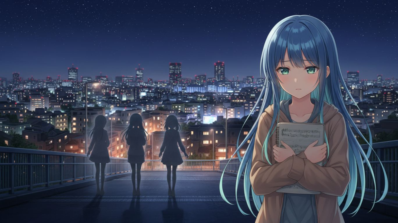 Ichika standing alone under a starry Tokyo night sky, holding a music notebook, with faint silhouettes of her childhood friends in the distance, evoking nostalgia and longing — ichicka story illustration