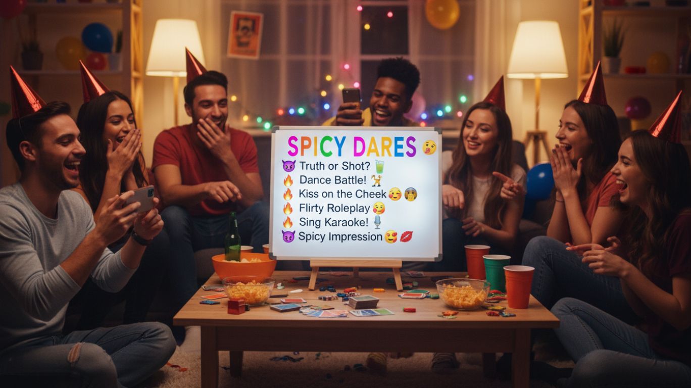 Spicy dares for game night: friends laughing and playing with a colorful list of fun and daring challenges, perfect for lively parties and social gatherings.