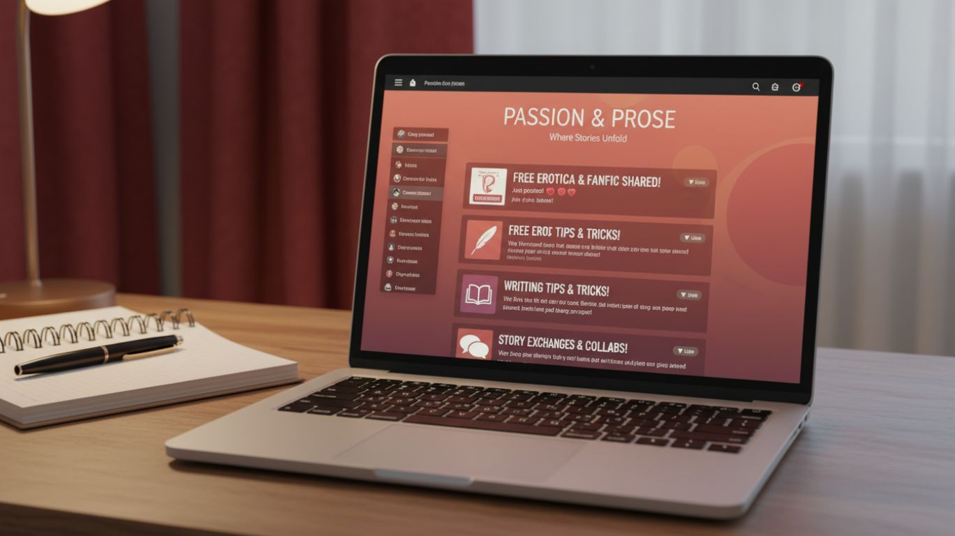 Laptop showing an online community forum discussing free erotica stories, with a cozy workspace setup emphasizing connection and creative storytelling.