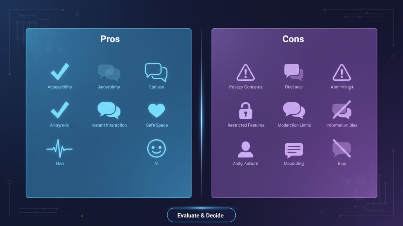 Pros and cons of free ai sexting platforms illustrated through a split-screen AI chat interface highlighting benefits and limitations.