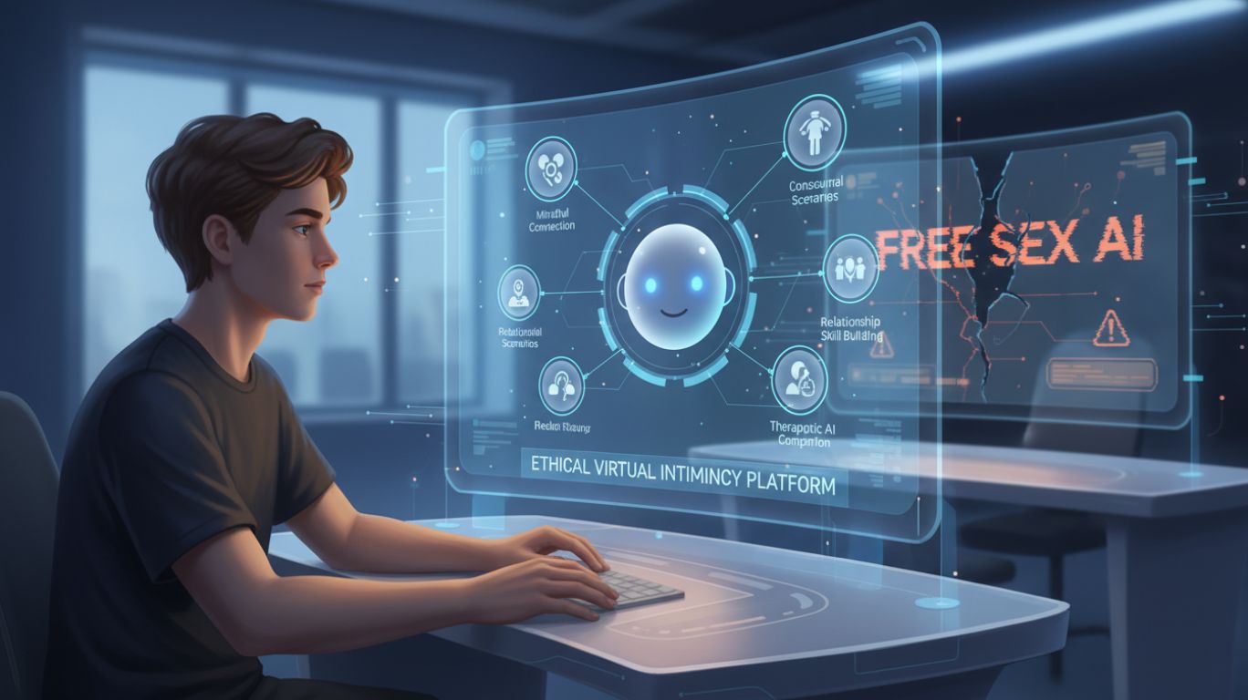 Image depicting safer alternatives to free sex AI, showing a user interacting with ethical virtual intimacy tools and responsible AI technology