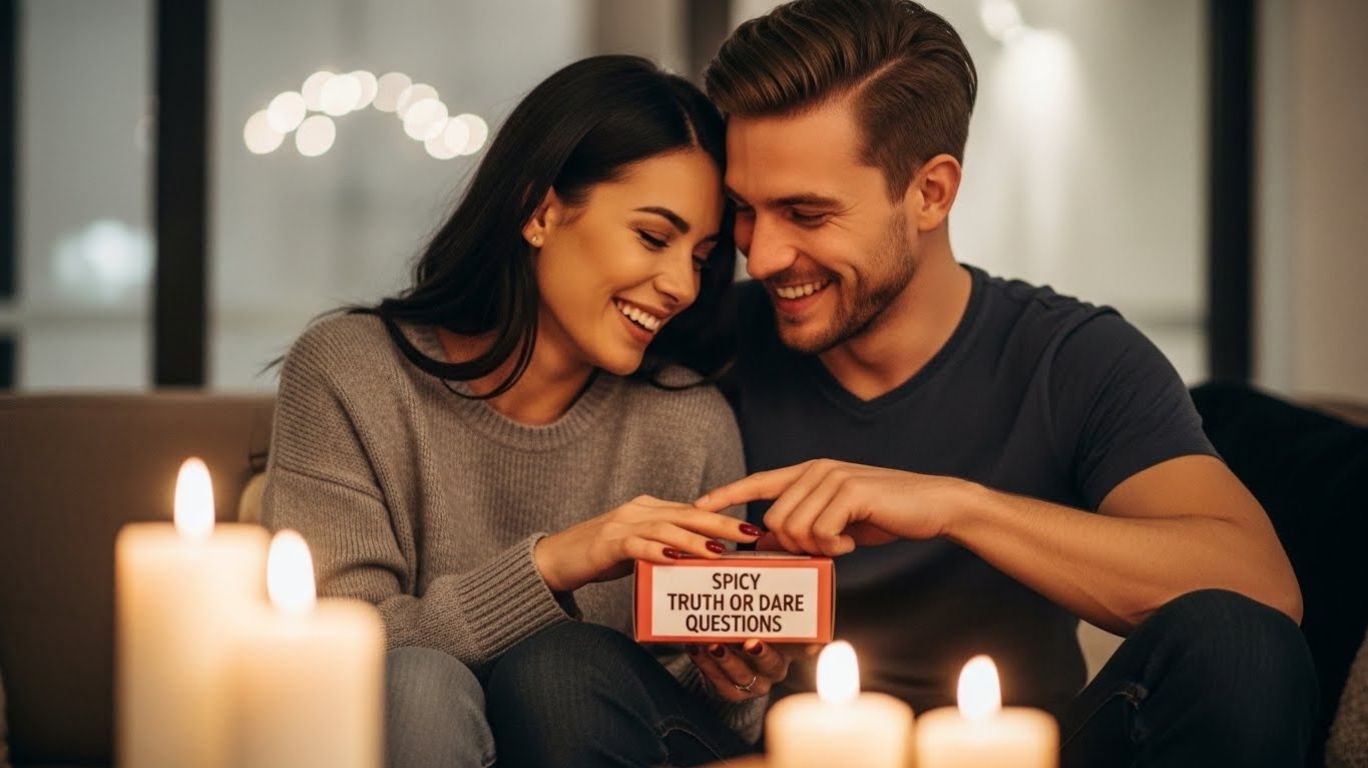 A couple laughing together while holding a box of spicy truth or dare questions, creating a warm, playful, and intimate atmosphere.
