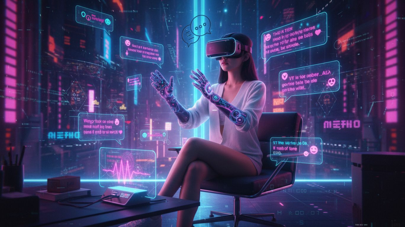 "Futuristic illustration of a user experiencing NSFW chat through VR headset and haptic feedback, showcasing immersive AI-powered digital interaction in a neon-lit environment.