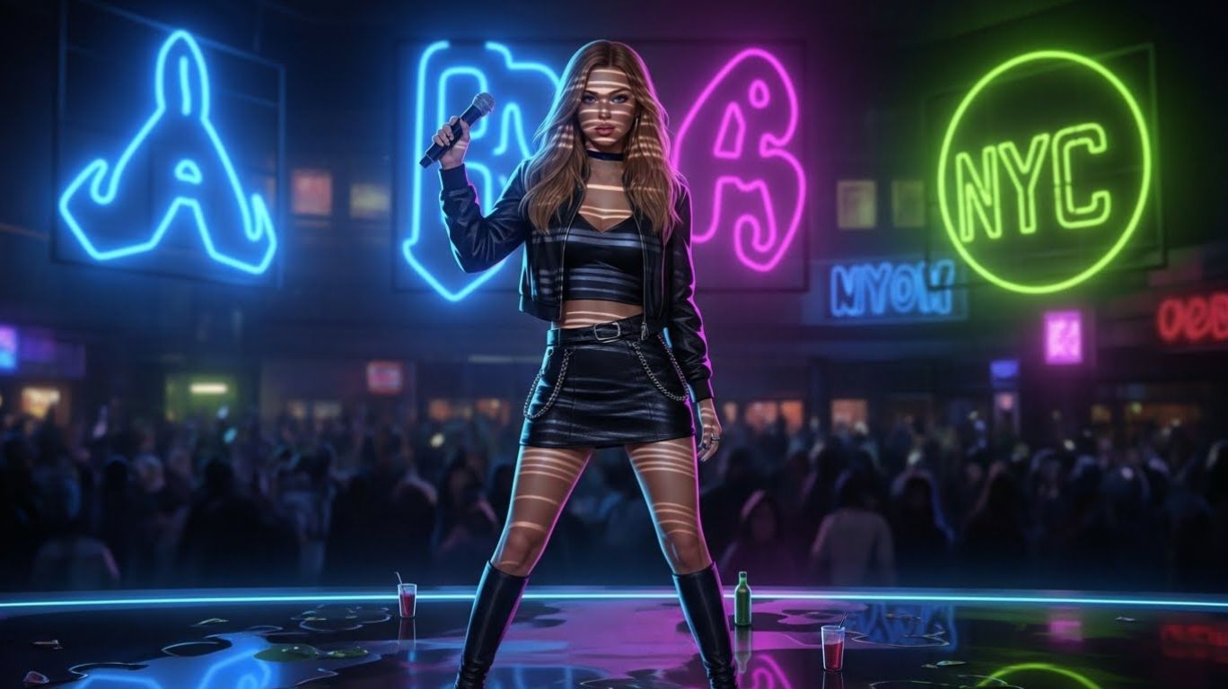 Ice Spice NSFW depicted in stylish streetwear with neon urban background, illustrating NSFW as cultural currency in music and digital culture."