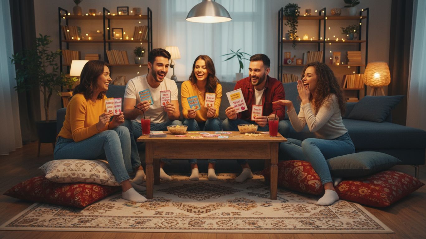 Tips for making spicy dares fun for everyone: friends laughing and playing Truth or Dare with inclusive, playful, and engaging challenges for game night enjoyment.