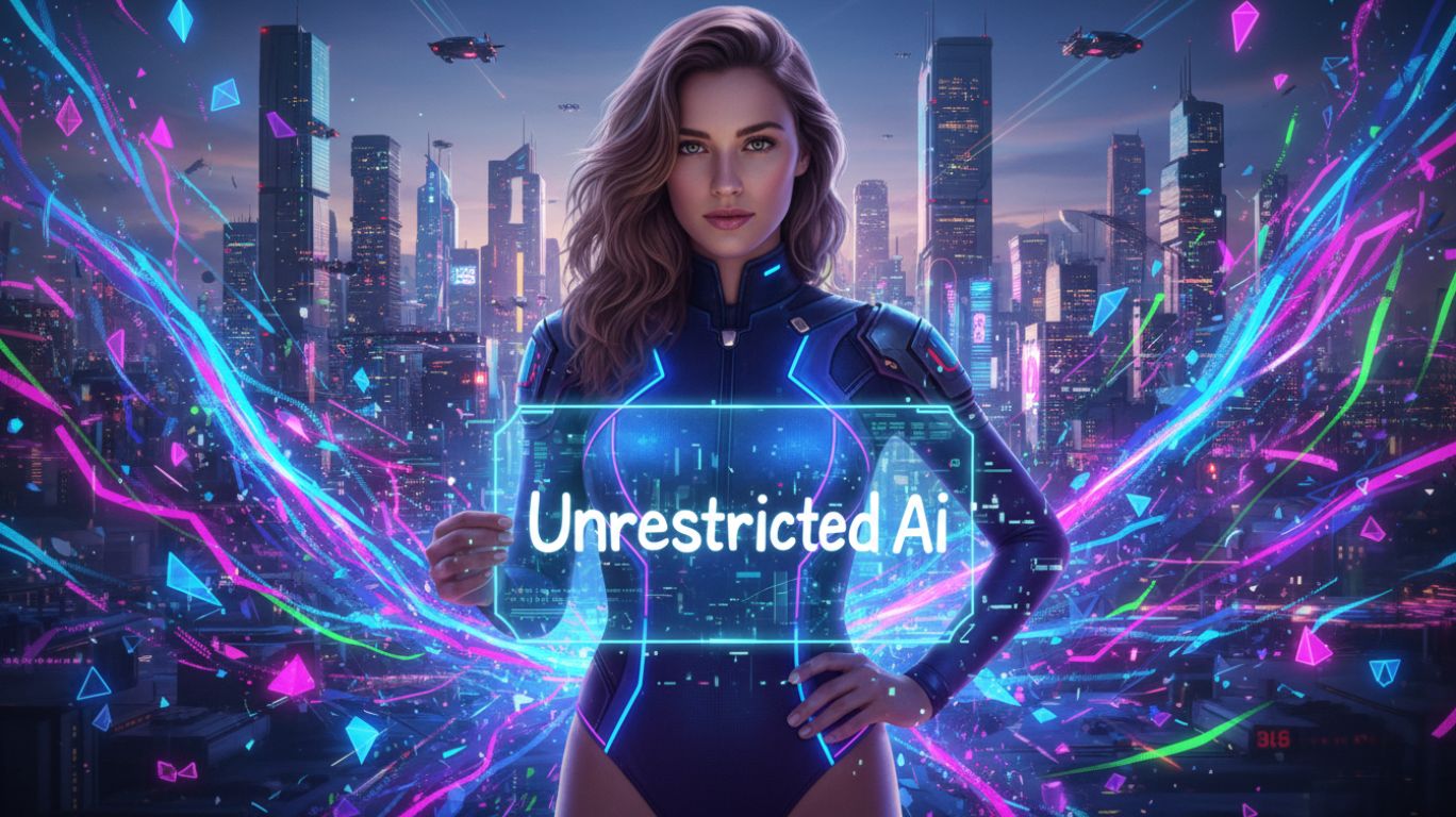 Illustration of a person interacting with unrestricted AI, showcasing freedom, privacy, and innovation in artificial intelligence.