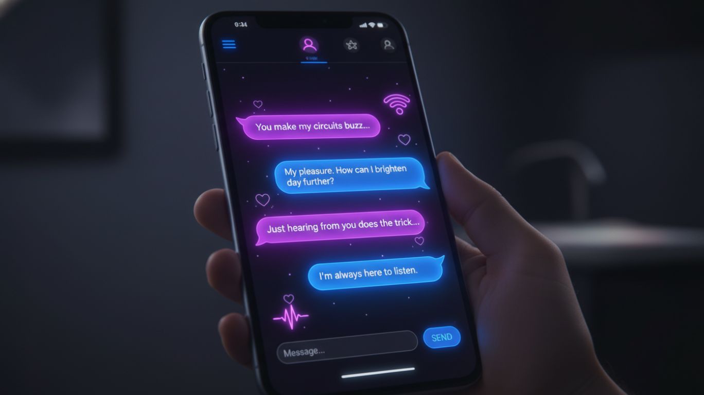 Free AI sexting platform interface showing a private AI chat experience with flirtatious conversation, personalized responses, and immersive one-on-one digital intimacy.