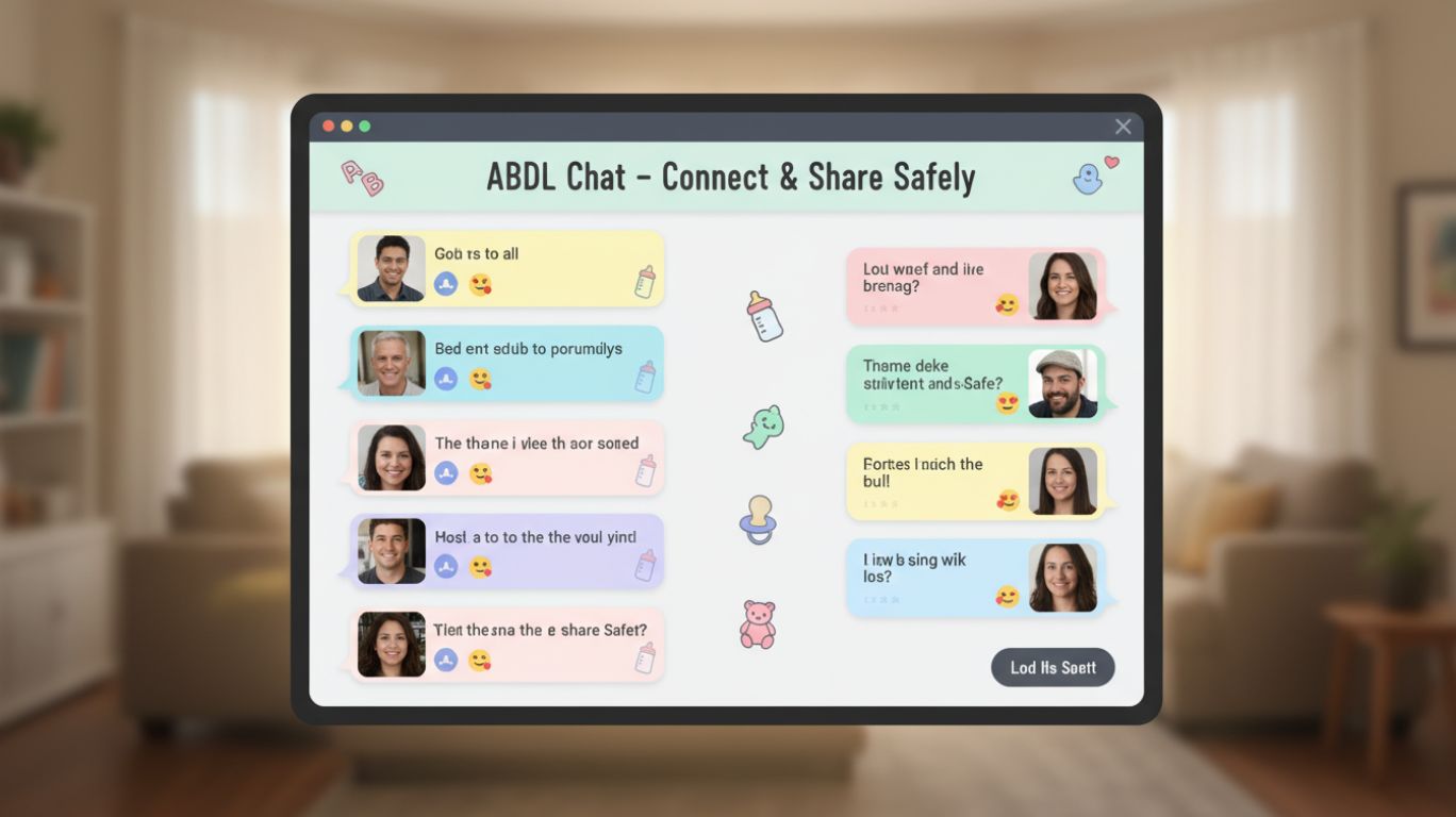 Illustration of an inclusive online ABDL chat room showing diverse adults connecting and sharing experiences in a safe, supportive digital space with soft pastel colors and subtle ABDL-themed elements