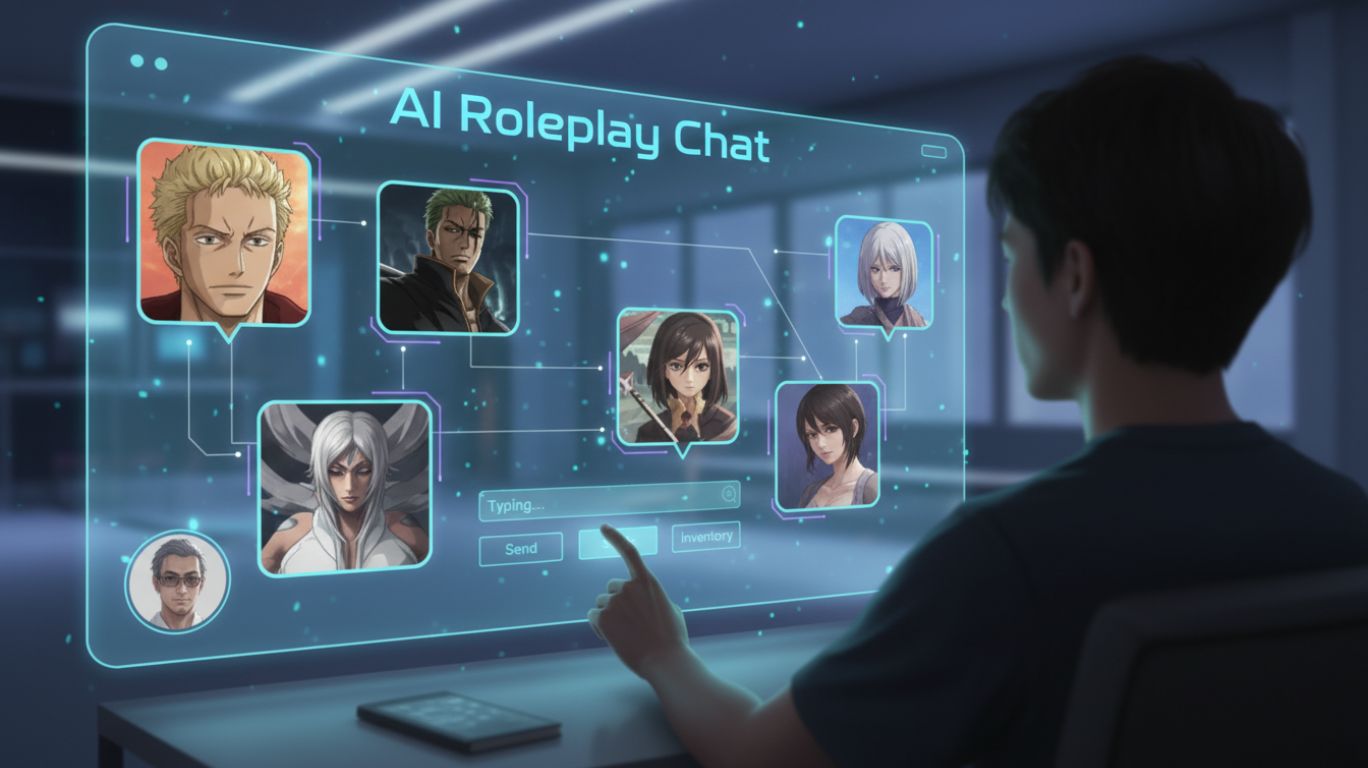 ai roleplay chat interface showing a user interacting with AI characters in an immersive, customizable storytelling experience