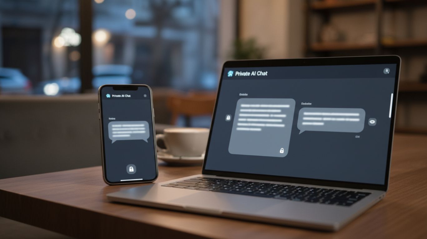Illustration of a private NSFW chat interface on smartphone and laptop screens, showing secure and confidential AI-powered conversations in a modern, dimly lit setting.