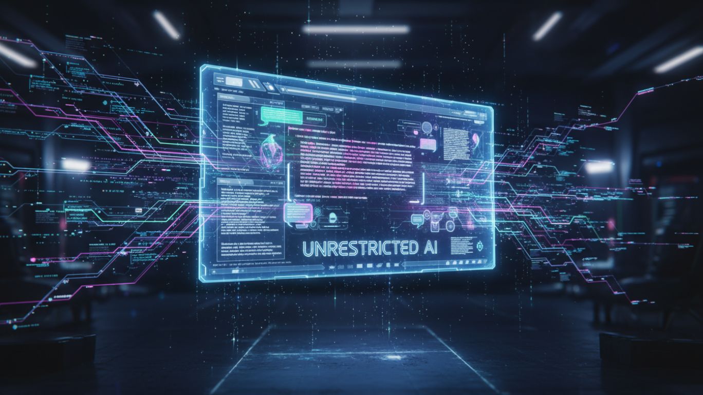 Illustration of unrestricted AI interface with open dialogue and limitless digital connections, representing freedom and experimentation in artificial intelligence.
