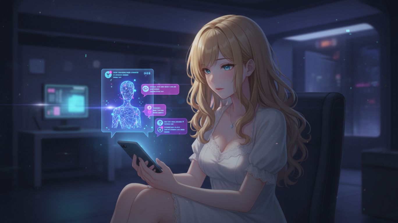 Conceptual illustration showing ai sext, where a person engages in intimate digital conversation with an AI chatbot, highlighting emotional connection, privacy, and modern virtual relationships.