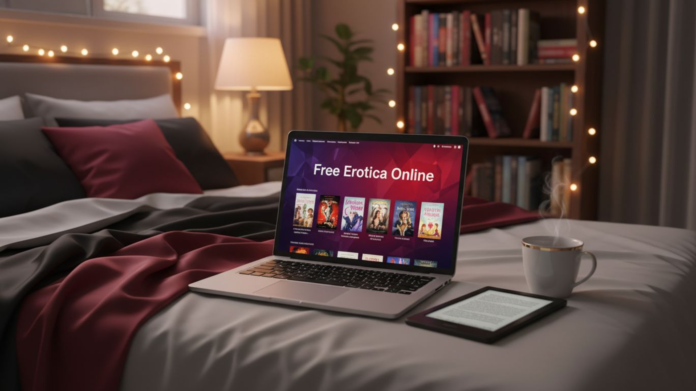 Cozy reading setup with a laptop showing a collection of free erotica stories, warm lighting, and romantic ambiance designed to attract readers searching for steamy online fiction
