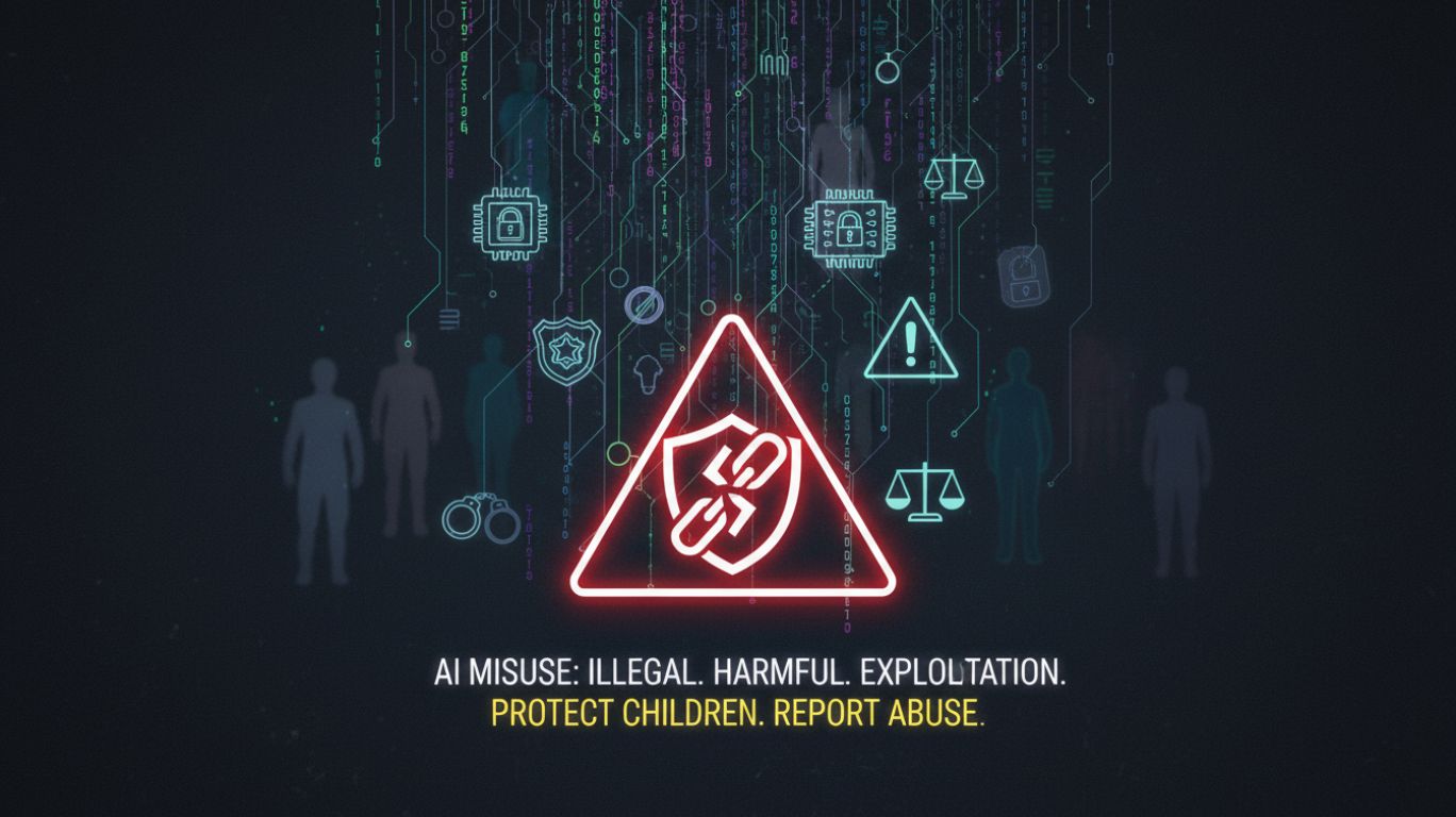 Illustration highlighting the dangers and legal risks of AI teen nude exploitation content, showing ethical warnings, digital surveillance, and online safety concerns.