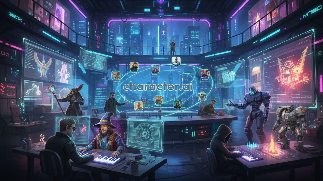 Futuristic digital illustration of diverse AI characters collaborating in a creative studio, representing the impact of characters AI on modern creative projects