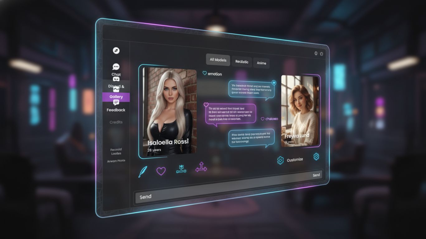 Futuristic neon chat interface showing two characters interacting in ai chat roleplay with holographic dialogue bubbles in a cyberpunk digital environment.