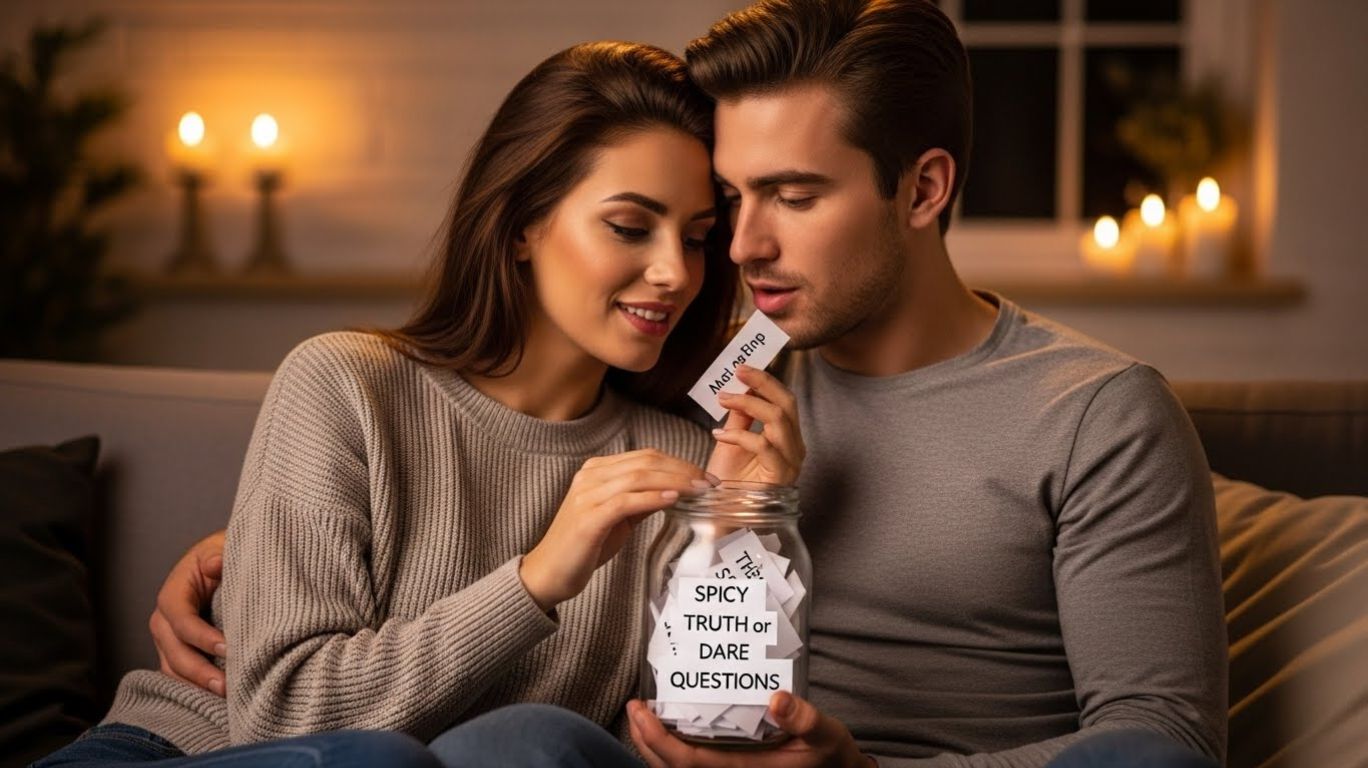 Couple sitting on a cozy couch at night holding a jar of spicy truth or dare questions, creating a playful and intimate atmosphere for relationship bonding.