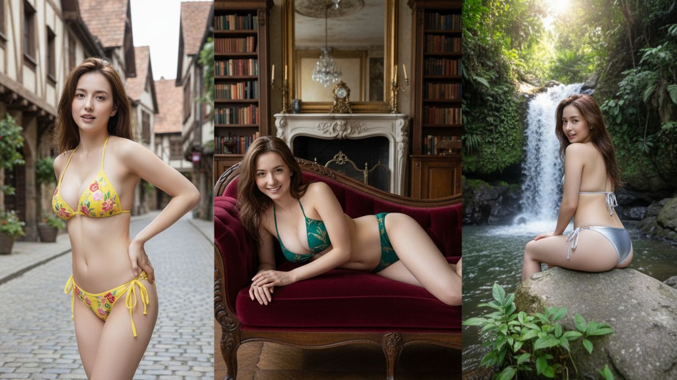 three pictures of a person in bikinis and a waterfall representing ai generated nude