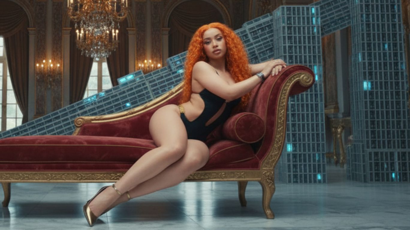 A person with red hair sitting on a red couch in an ornate room representing ice spice nsfw