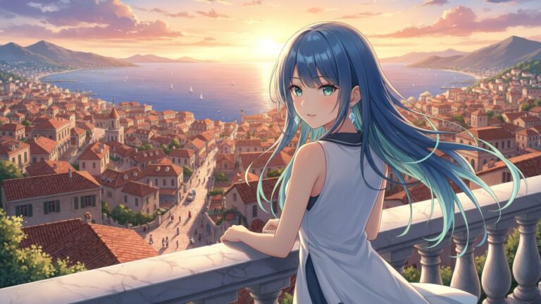 anime female character named Ichika looking out over the city at sunset