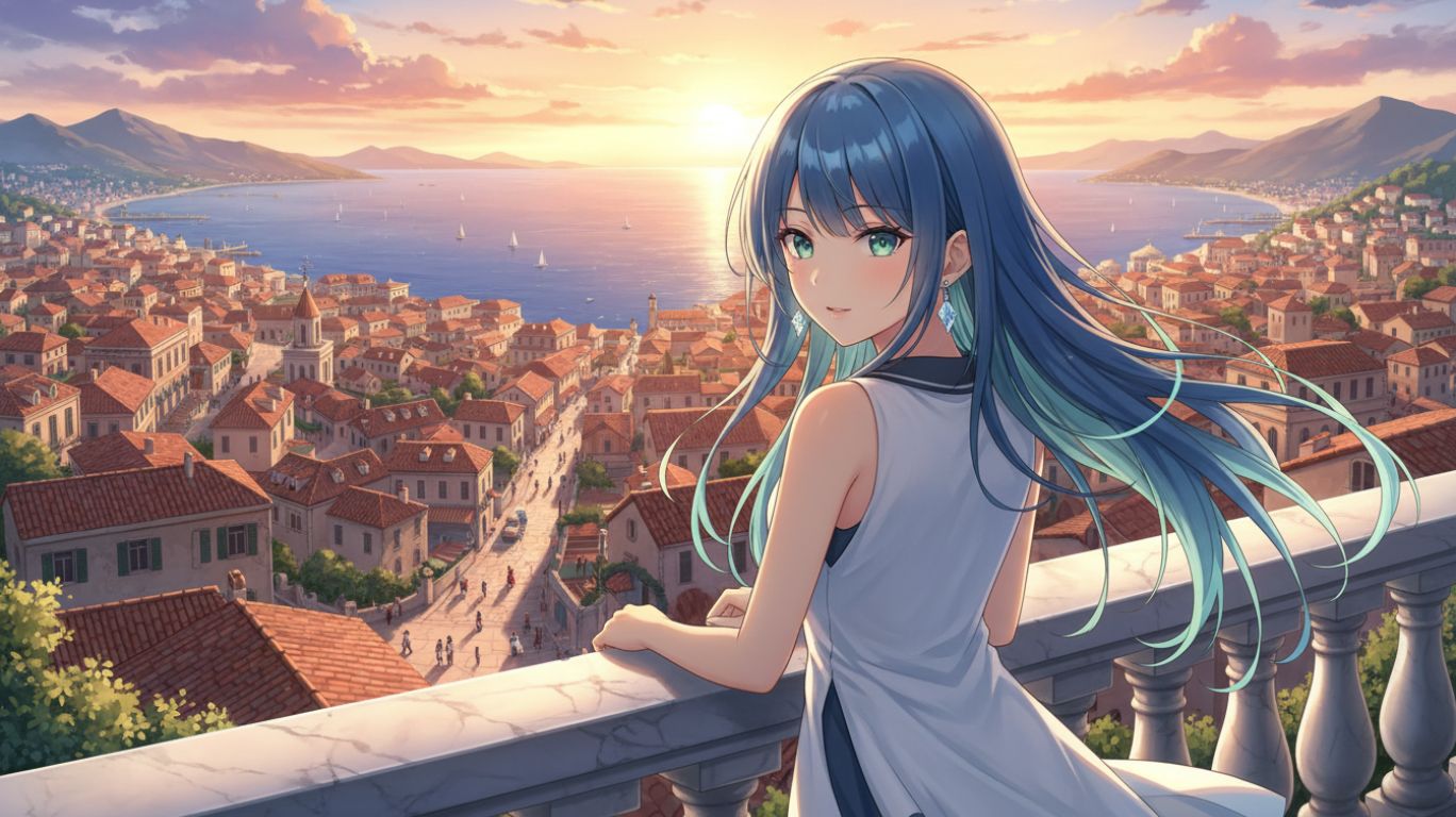anime female character named Ichika looking out over the city at sunset