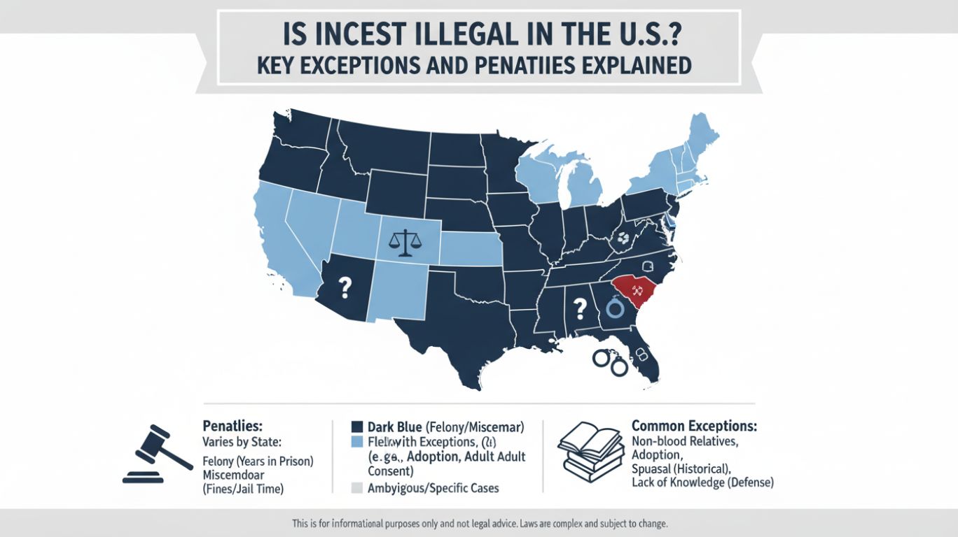 Infographic showing U.S. states where incest illegal, highlighting exceptions, penalties, and state-specific incest laws with legal symbols.