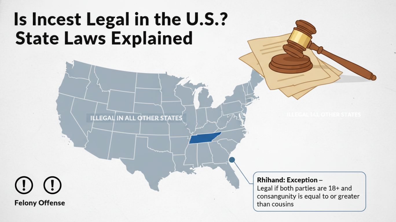Map of U.S. states showing where incest illegal, with gavel and legal documents highlighting state-specific incest laws.