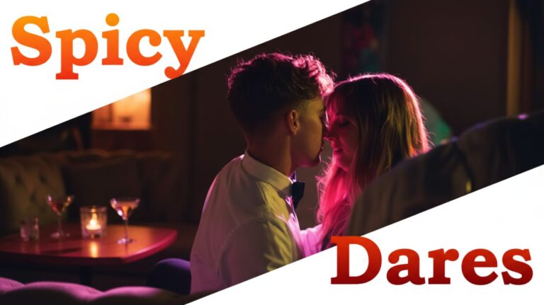 The words spicy dares are on top of a photo of two people about to kiss