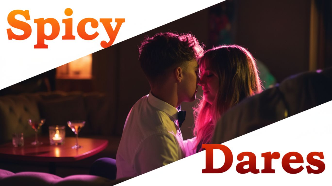 The words spicy dares are on top of a photo of two people about to kiss